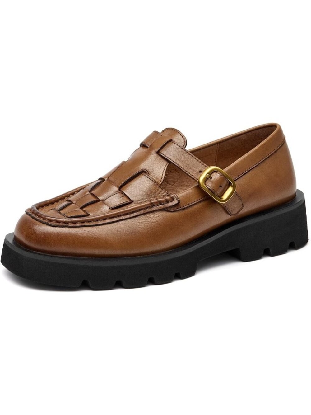 Women's Brown Platform Chunky Loafers Hand Woven Leather Casual Dress Shoes